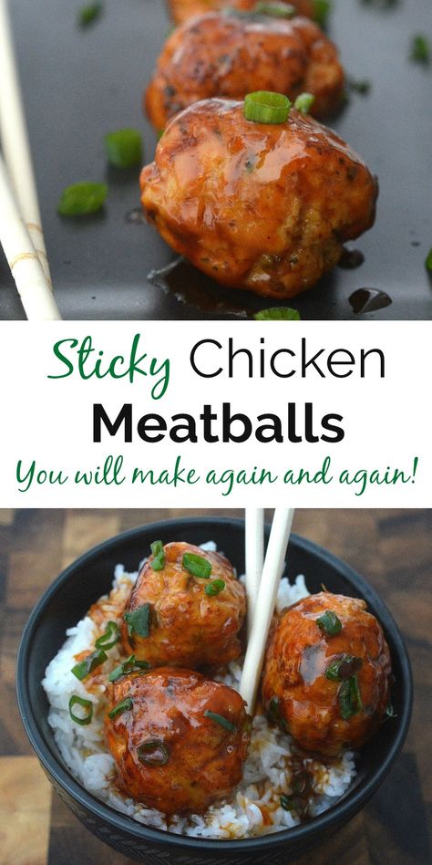 Sticky Chicken Recipe, Asian Chicken Meatballs, Ground Chicken Meatballs, Buffalo Chicken Meatballs, Chicken Meatball Recipes, Sticky Chicken, Pork Meatballs, Hamburger Recipes, Chicken Meatballs