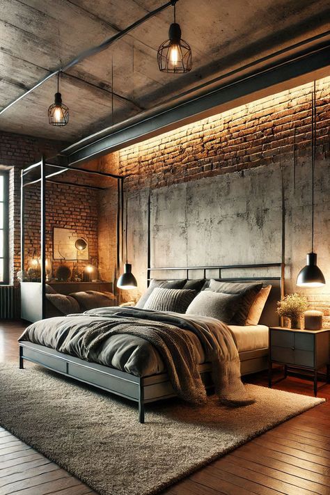 Exposed brick, metal furniture, and Edison bulbs give this style an edgy charm. Soft textiles and a cozy rug balance the rugged elements. This is a strong contender among classy bedroom ideas for women who love bold designs. Dark Small Bedroom Ideas, Classy Bedroom Ideas For Women, Modern Masculine Bedroom, Male Room Ideas, Master Suite Ideas, Male Bedroom Ideas, Male Bedroom, Industrial Style Bedroom, Large Abstract Canvas