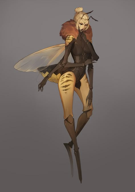 Queen Bee by Isabella Lai on ArtStation Human Bee Drawing, Anthro Bee Character, Queen Bee Design, Bee Queen Art, Queen Bee Character Design, Bee Character Design Concept Art, Bee Hybrid Oc, Bumble Bee Character Design, Bee Person Character Art