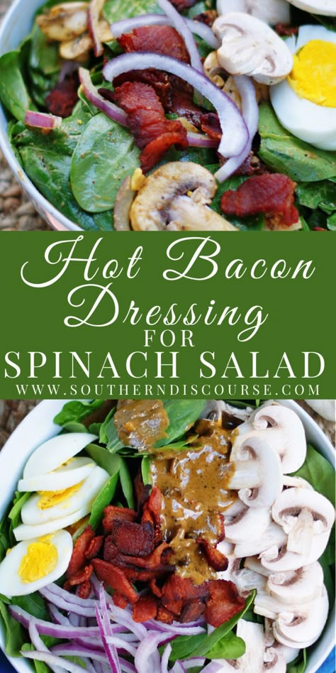 Spinach Salad Recipes Bacon, Salad Recipes Bacon, Wilted Spinach Salad, Spinach Salad Dressing, Southern Discourse, Warm Bacon Dressing, Simple Spinach Salad, Hot Bacon Dressing, Salad Spinach