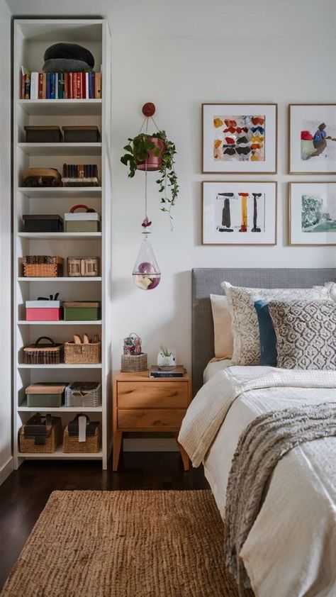 Create Storage In Small Bedroom, Bedroom Wall Built In Shelves, Cute Apartment Storage Ideas, Utilize Small Space Bedroom, Bedroom Storage Wall Ideas, Vertical Storage Bedroom, Functional Decor Bedroom, Storage For Books In Bedroom, Cute Storage For Small Bedrooms