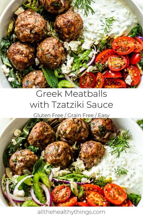 Greek Meatball Bowl Recipe, Fresh Veggie Meals, Easy Food Bowl Recipes, Greek Low Carb Recipes, What To Eat With Tzatziki Sauce, Healthy Greek Meatballs, Greek Entrees Dinners, Medeteranian Meatballs, Light Summer Dinner Recipes Low Carb