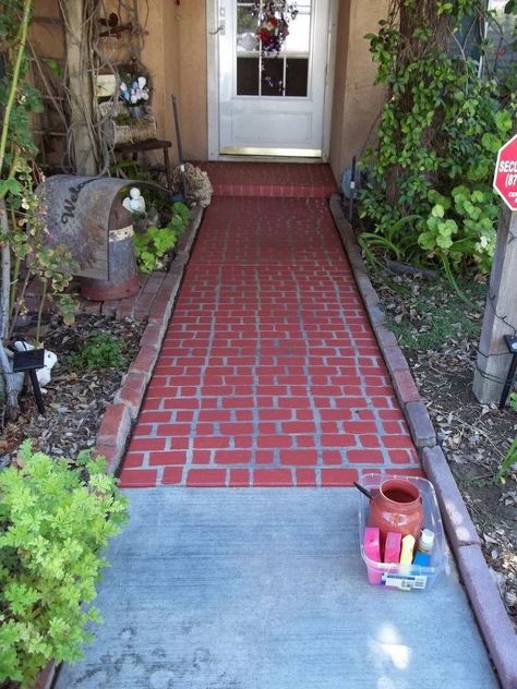 faux brick walkway Brick Walkway Diy, Brick Edging, Faux Brick Panels, Brick Walkway, Faux Brick Walls, Brick Paneling, Leftover Paint, Faux Brick, Brick Colors