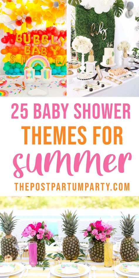 Throwing a summer baby shower? Get ideas with these bright and whimsical baby shower themes that scream fun in the sun this summer! Uncommon Baby Shower Themes, Summer Sprinkle Shower Ideas, Baby Shower Outdoor Ideas, Outside Baby Shower Ideas Summer, Bright Baby Shower Ideas, Summer Baby Shower Themes Girl, Baby Shower Themes For Boys Summer, Baby Shower Themes Neutral Summer, Summertime Baby Shower Themes