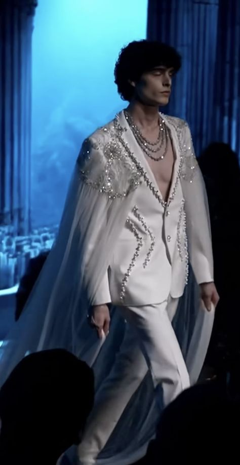 Prince Wedding Outfit, Celestial Men Outfit, Pearl Suit Men, Ethereal Men Outfit, Feminine Prom Outfits For Men, Corset Men Outfit, Men Royal Outfit, Celestial Fashion Men, Celestial Outfit Male