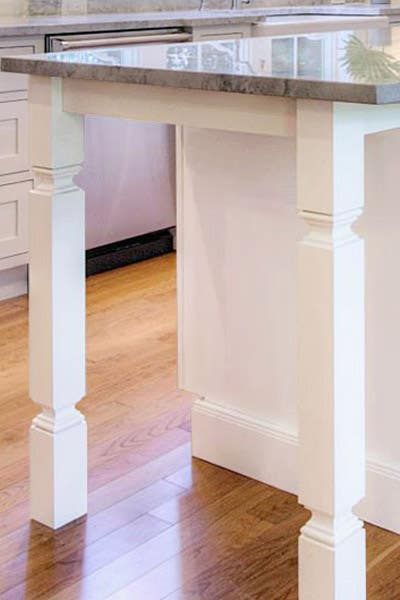 Shaker in white kitchen island legs, square posts. Island Legs Ideas, Kitchen Island With Posts, Kitchen Island Legs Ideas, Kitchen Island With Post, Kitchen Island Posts, Kitchen Island With Legs, Kitchen Island Overhang, Kitchen Island Trim, Kitchen Island Legs