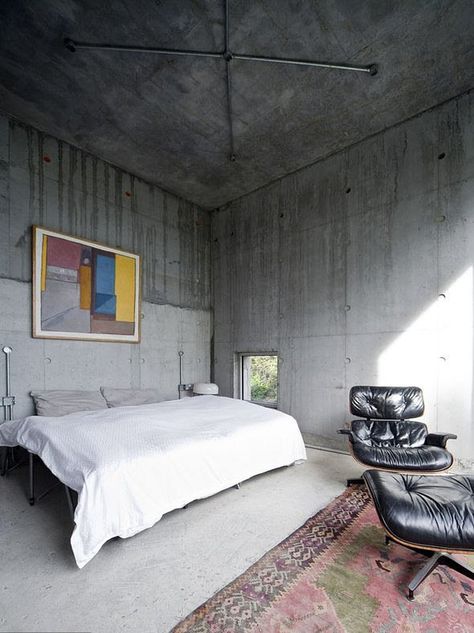 Concrete Bedroom Design, Concrete Bedroom, Brutalism Interior, Concrete Loft, Concrete Room, Concrete Interior Design, Brutalist Interior, Bunker Home, Zimmer Diy