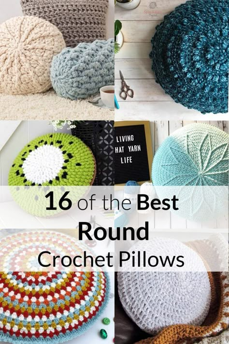 Crochet Round Pillow Patterns Free, Round Pillow Crochet Pattern Free, Crochet Circle Pillow, Simple Crochet Pillow, Round Pillow Crochet, Crochet Pillow Ideas, Crochet Pillowcase, Crocheted Pillows, Circular Crochet