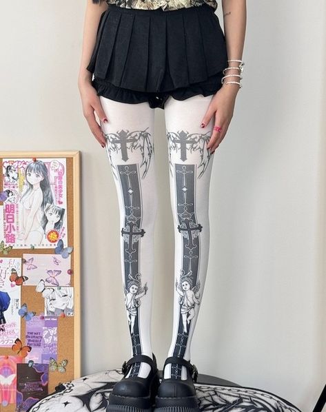 Add an edgy touch with our cross angel alternative tights ✨🖤 perfect for any dark aesthetic outfit. #cutiekill #gothicstyle #alternativefashion #crossangeltights #darkaesthetic #goth #harajuku #anime #fypシ Patterned Tights Outfit, Kawaii Leggings, Cat Tights, Funky Tights, Gothic Coquette, Cool Tights, Monday Christmas, Coquette Kawaii, Cheryl Blossom Riverdale