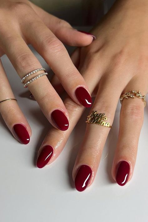 Short Round Nails Burgundy, Wine Red Round Nails, Dark Cherry Almond Nails, Cherry Red Oval Nails, Short Rounded Red Nails, Red Elegant Nails Classy, Short Nails Round Shape, Burgundy Almond Shaped Nails, Oxblood Red Nails