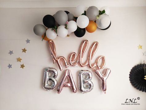 Hello Baby Rose Gold Balloons Script Balloons Silver Letters Baby Shower Gender Home Gender Reveal, Baby Shower Simple, Indian Baby Shower Decorations, Welcome Baby Party, Baby Balloons, Homecoming Decorations, Hello 40, Welcome Home Decorations, Indian Baby Showers