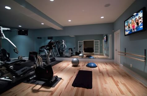 Stylish basement home gym and dance studio                                                                                                                                                                                 More Home Gym Paint Colors, Workout Room Ideas, Planter Balcony, Basement Gym Ideas, Basement Home Gym, Modern Home Gym, Exercise Rooms, Home Gym Mirrors, Workout Room Home