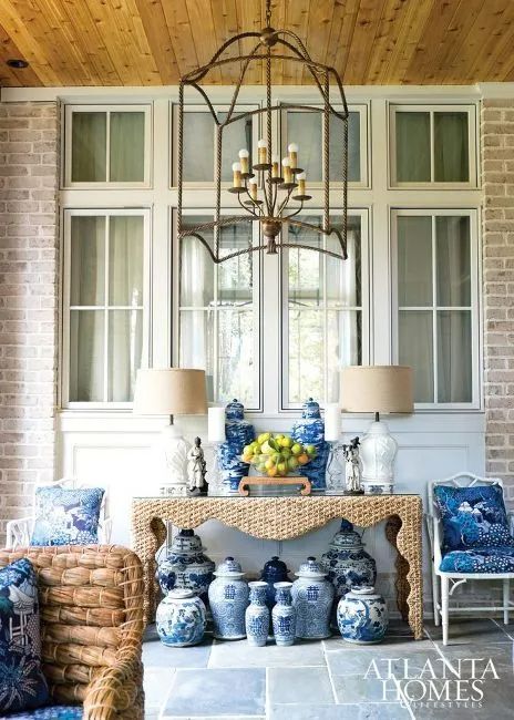 Blue Sofa Ideas, Front Porch Screen, Blue And White Porcelain Decor, Ginger Jars Decor, Dining Room Table Black, Walnut Dining Room Table, Black Bookcases, Walnut Dining Room, Beach Chic Decor