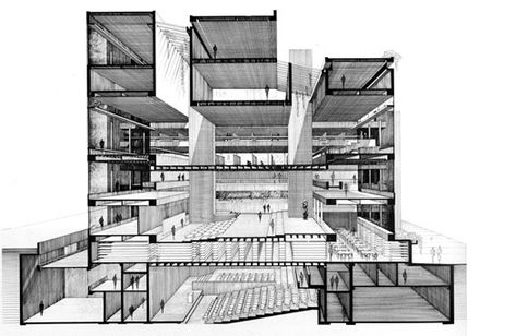 Yale University Art and Architecture Building: Section Perspective. - Paul Rudolph Paul Rudolph Architecture, Drawing Of A Building, Perspective Section, Section Perspective, Yale Architecture, Architectural Sections, Sectional Perspective, Architecture Sections, Perspective Architecture