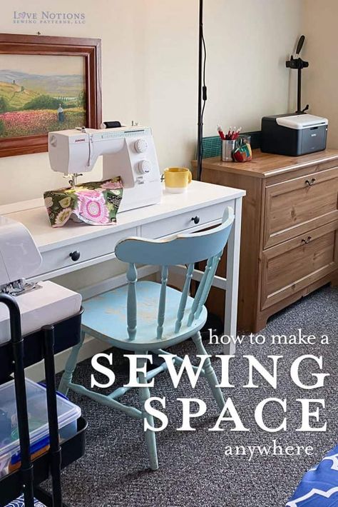 Sewing Machine In Bedroom, Narrow Sewing Table, Tiny House Sewing Space, How To Set Up A Sewing Room, Small Sewing Room Design Layout, Sewing Desk In Closet, Corner Sewing Space, Craft Desk Small Space, Sewing Machine Room Ideas