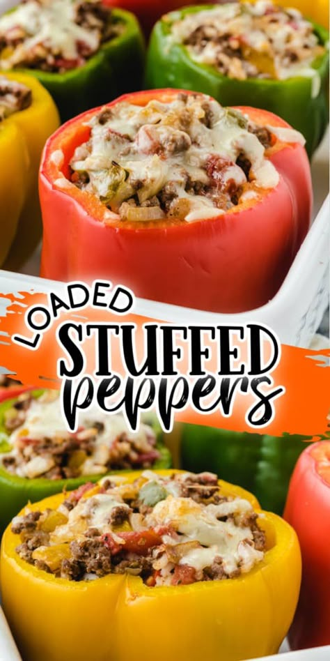 Loaded Stuffed Peppers will be a new addition to your weekly dinner rotation. Colorful sweet bell peppers stuffed with seasoned ground beef, melted cheese, diced veggies, and rice. You have a complete meal, all inside a single baked bell pepper. Stuffed Peppers Ground Beef, Stuffed Bell Peppers Ground Beef, Easy Stuffed Pepper Recipe, Dinner Main Course, Stuffed Peppers Beef, One Pan Recipe, Easy Stuffed Peppers, Beef And Vegetables, Pastas Recipes