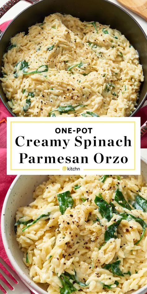 Recipe With Heavy Cream Dinner, Creamy Garlic Orzo Pasta, Orzo Parmesan Spinach, Instapot No Meat Recipes, Orzo Recipes With Spinach, One Serving Dinner Recipes, Dinner Recipes Using Spinach, Lite And Easy Dinner Recipes, Garlic Parm Orzo