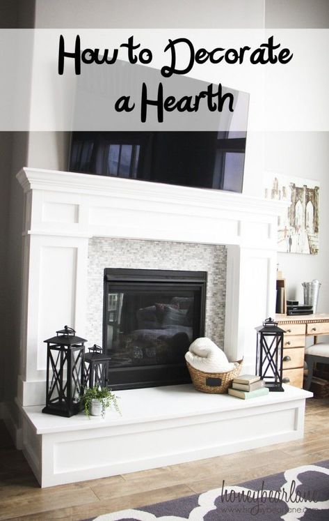 How to Decorate a Hearth. #bhglivebetter @bhglivebetter #homedecor #homedecorideas Fireplace Hearth Decor, Chimney Decor, Hearth Decor, Film Decor, Fireplace Mantle Decor, Fireplace Mantel Decor, Farmhouse Fireplace, White Fireplace, Fireplace Hearth