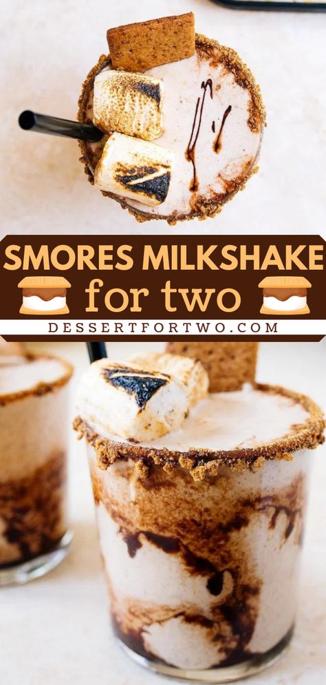 A homemade milkshake in 20 minutes! This chocolate dessert for two starts with vanilla ice cream. Complete with graham crackers, marshmallows, and chocolate sauce, this s'mores milkshake recipe is a delightful summer drink idea! S’mores Smoothie, Homemade Milk Shakes Recipes, S’mores Milkshake, Cool Milkshakes, Crazy Milkshakes Recipes, Oreo Milkshake Recipe Without Ice Cream, Fun Milkshake Ideas, Smores Milkshake, Yummy Milkshakes