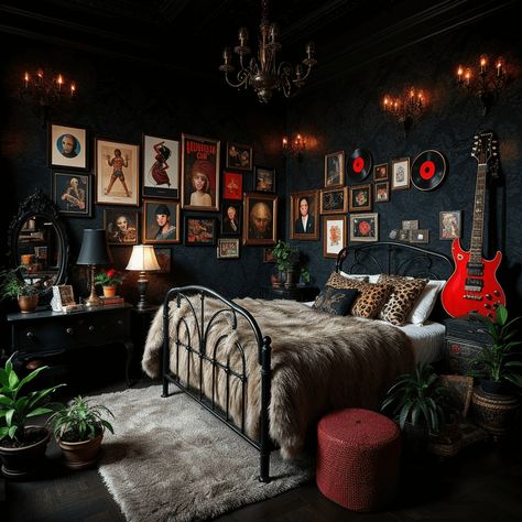 Dark Eclectic Bedroom, Punk Room Aesthetic, Punk Bedroom Decor, Dark Room Ideas, Rock N Roll Bedroom, Rock And Roll Room, Punk Bedroom, Witch Bedroom, Rock Bedroom