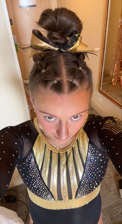 Cute Competition Hairstyles, Gymnast Meet Hair, Easy Hair For Gymnastics, Cute Gymnastics Hairstyles For Practice, Cute Gymnastics Competition Hair, Cheer Comp Hair High Pony, Easy Hairstyles For Dance Competition, Cheer Bun With Bow, Rubber Band Into Ponytail