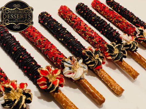 Black Quinceanera Theme, Red Treats, Red Quince Theme, Designer Chocolate, Birthday Vision Board, Jay Birthday, Black Dessert, Masquerade Prom, Red Quince