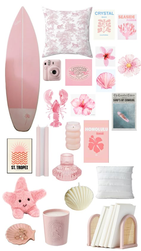 pink surfer girl room decor 🌸☀️ Surfer Girl Room Decor, Surfer Girl Room, Surfer Girl Bedroom, Dorm Themes, Surfer Room, Costal Bedroom, Surf Room Decor, Coastal Room Decor, Ocean Room Decor