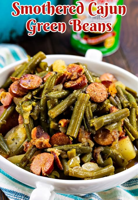 Cajun Green Beans And Sausage, Cajun Sausage And Potatoes, Cajun Smothered Green Beans, Crockpot String Beans, Cajun Green Bean Casserole, Cajun Thanksgiving Recipes Side Dishes, Fresh French Green Beans Recipes, Cajun Greens, Fresh Green Bean Recipes Boiled