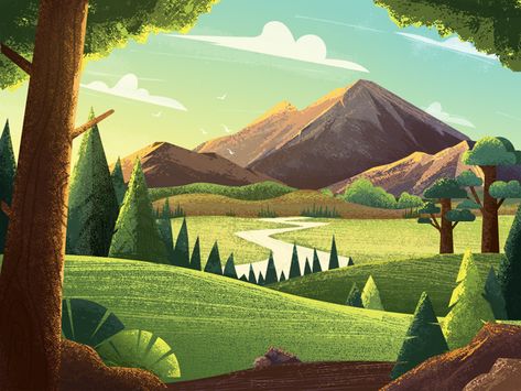 Mountain Illustration, Landscape Forest, Mountain Scenery, Book Illustration Art, Tree Illustration, Landscape Artwork, Green Forest, Landscape Illustration, Cartoon Background