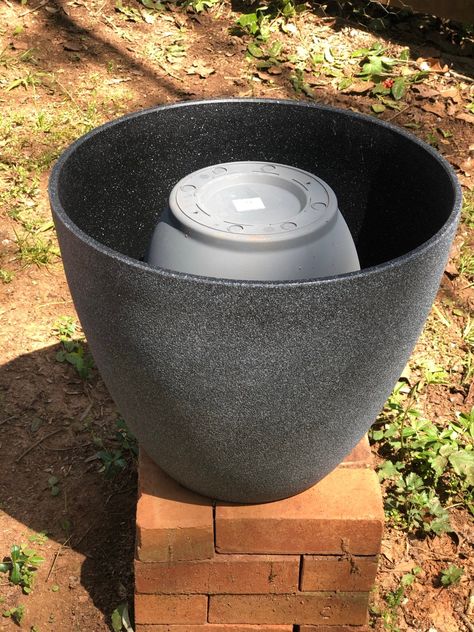 DIY Solar Water Fountain Under $50 • Southern Chick Journal Diy Solar Garden Fountain, Making A Water Fountain, Easy Water Feature, Solar Powered Water Fountains Outdoor Diy, Backyard Water Features Diy, Bucket Water Feature, Water Feature Bird Bath, Water Fountain Planter Garden Ideas, Landscape With Water Feature