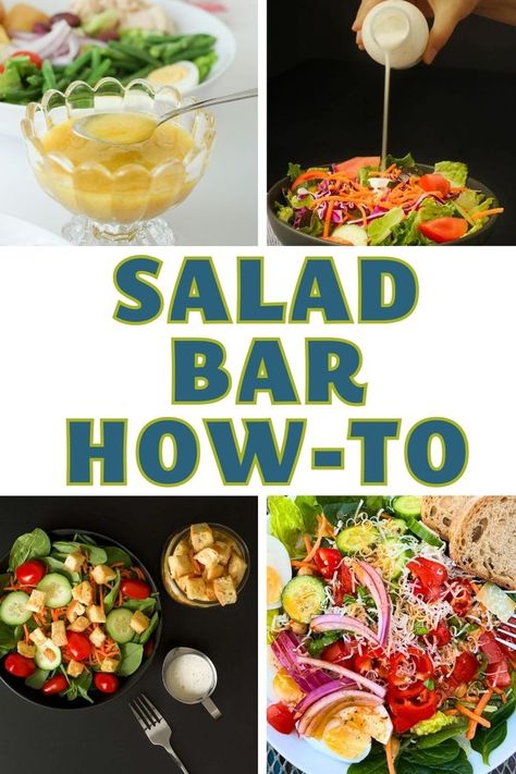 rectangle collage of salad bar images, with text overlay. Salad Bar At Home, Salad Bar Party, Build Your Own Salad, Party Table Food, Grab And Go Breakfast Ideas, Last Minute Dinner Ideas, Table Food Ideas, Salad Bar Ideas, Easy Homemade Salad