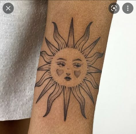 Sun Inner Arm Tattoo, Sun Tattoo Face, Dark Brown Tattoo, Vintage Sun Tattoo, Sun Tattoo With Face, Traditional Sun Tattoo, Unique Sun Tattoo, Tattoos 2024, Tattoos With Deep Meaning