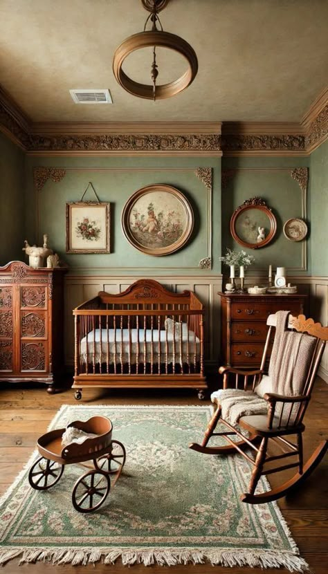 Nursery With French Doors, Old School Nursery Room, Rustic Baby Room Ideas, Moody Green Nursery, Baby Boy Room Inspiration, Academia Nursery, Antique Nursery Ideas, Antique Baby Nursery, Sage Green Nursery Ideas