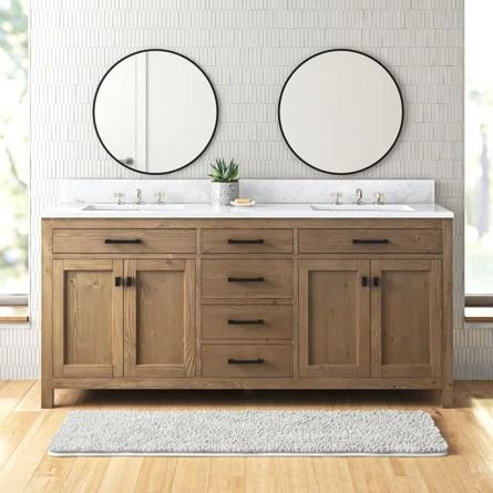 Wade Logan® Basima 72" Double Bathroom Vanity Set | Wayfair Natural Wood Vanity Bathroom, Oak Vanity Bathroom, Traditional Bathroom Vanities, Wood Double Vanity, Natural Wood Bathroom Vanity, Bathroom Vanity Double Sink, Engineered Stone Countertops, Oak Bathroom Vanity, Townhouse Interior