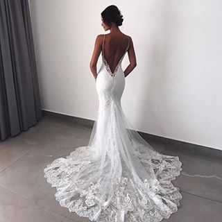 Beautiful dress 😍 @emilyshak via @fashionzine Spaghetti Strap Wedding Dress Lace, Boho Wedding Dress With Sleeves, Backless Lace Wedding Dress, Spaghetti Strap Wedding Dress, Pnina Tornai, Mermaid Wedding Dresses, Wedding Dresses With Straps, Applique Wedding, Backless Wedding