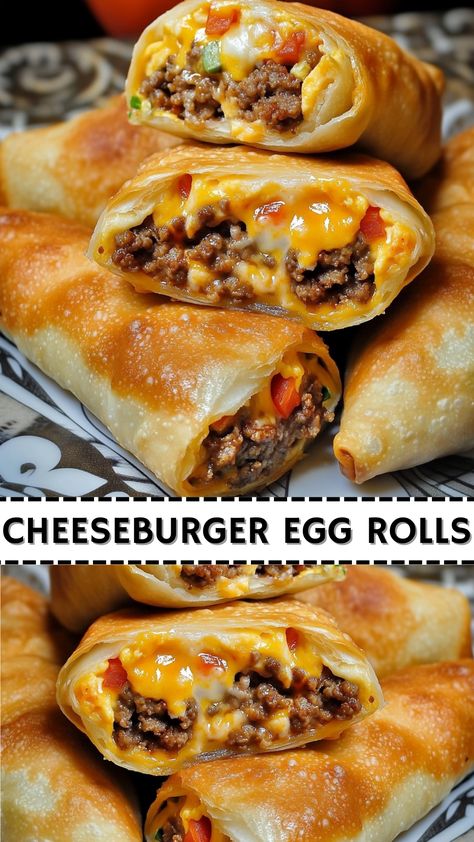 Cheeseburger Egg Rolls Homemade Egg Rolls With Ground Beef, Cheesy Beef Egg Rolls, Baked Cheeseburger Eggrolls, Sausage Egg Rolls Recipe, Stuffed Eggroll Recipes, Hamburger Egg Rolls Recipes, Keto Cheeseburger Egg Rolls, Bacon Jam Cheeseburger Egg Rolls, Cheeseburger Egg Roll