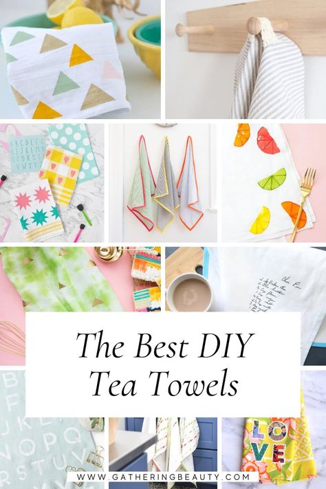 DIY Tea Towels — Gathering Beauty Decorating Tea Towels, Tea Towels Diy Flour Sacks, Tea Towel Diy, Diy Tea Towels, Tea Towels Crafts, Diy Dish Towels, Tea Towel Ideas, Dish Towel Crafts, Girls Night Crafts