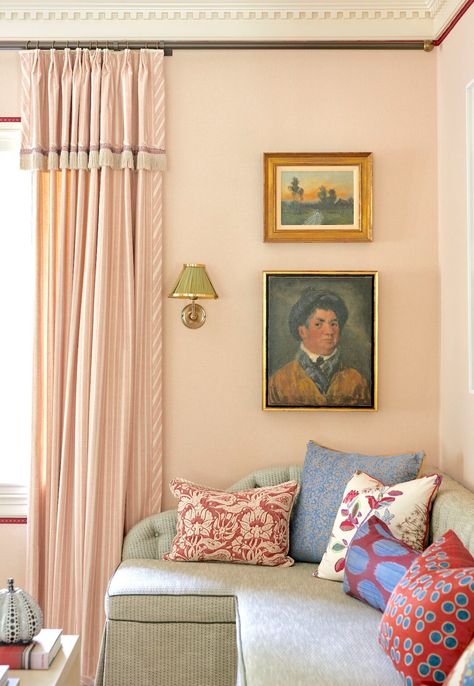 Barrie Benson, Peach Living Rooms, Greenwich Connecticut, Upholstered Walls, Sconces Living Room, Pink Living Room, Best Wall, Pink Room, Pink Linen