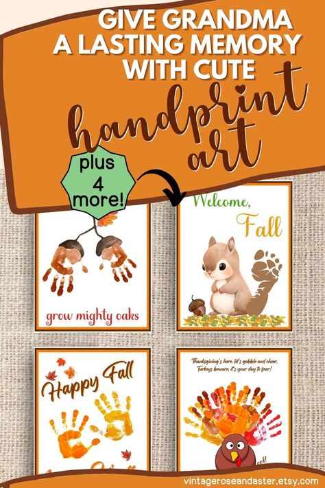 A collection of four sheets (eight in the set) with various autumn-themed handprint and footprint stamps with an autum vibe. Thanksgiving Craft Handprint, Hand Print Crafts For Preschoolers, Toddler Arts And Crafts Fall, November Crafts For Infants Daycare, Fall Fingerprint Art, Baby Fall Arts And Crafts, Fall Crafts For Infants Daycare, Thanksgiving Toddler Art, November Handprint Crafts