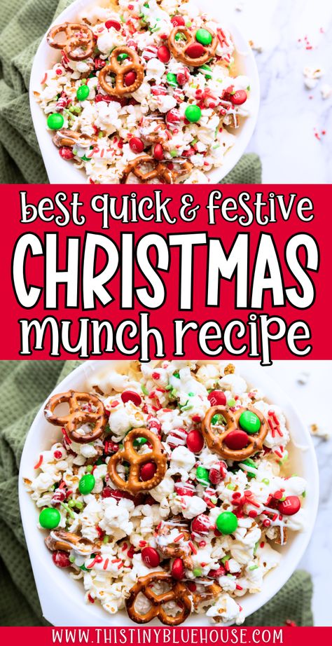 Christmas themed popcorn snack - savory and salty Santa Munch Christmas Popcorn, Christmas Popcorn Snack Mix Recipes, Christmas Munch Popcorn, Christmas Munch Mix Easy Recipes, Puffcorn Christmas Munch, Moose Munch Popcorn Recipe, Christmas Munch, Holiday Popcorn Recipes, Popcorn Snack Mix Recipes