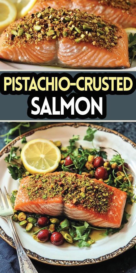 Pistachio-Crusted Salmon Ingredients: 4 (6-ounce) salmon fillets, skin removed 1/2 cup shelled pistachios, finely chopped 2 tablespoons panko bread crumbs 2 tablespoons Dijon mustard 1 tablespoon honey 1 tablespoon olive oil Salt and pepper to taste Lemon wedges, for serving #salmon #easyrecipes #camilarecipes Salmon Panko Crusted, Salmon Meal Ideas, Pistachio Salmon, Salmon Panko, Panko Crusted Salmon, Shelled Pistachios, Pistachio Crusted Salmon, Crusted Salmon, Interesting Recipes