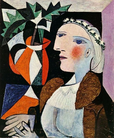 “Are we to paint what’s on the face, what’s inside the face, or what’s behind it?” - Pablo Picasso (Head of a Woman with a Garland, 1937) Saatchi Gallerys billede. Cubist Portraits, Picasso Cubism, Picasso Portraits, Cubist Movement, Pablo Picasso Art, Art Picasso, Pablo Picasso Paintings, Istoria Artei, Picasso Paintings