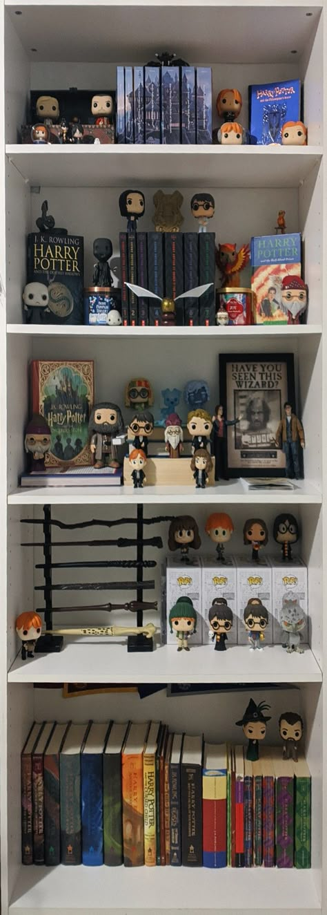 Check out more about my Harry Potter geekiness here: https://www.google.com/url?sa=t&source=web&rct=j&url=https://www.reddit.com/user/TheLandonian05/&ved=2ahUKEwjki9Cq5Lv0AhVXoHIEHfjYBs4Qjjh6BAgDEAE&usg=AOvVaw2gj-bUJg8zpb-5JaQboQTP Bookshelf With Funko Pop, Marvel Bookshelf, Comic Book Shelf Ideas, Harry Potter Theme Room Bedroom Ideas, Harry Potter Book Corner, Harry Potter Shelf Ideas, Funko Pop Bookshelf, Harry Potter Book Shelf Ideas, Harry Potter Shelf Display