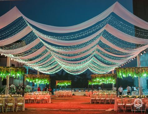 The lights look as pretty as the twinkling stars and we are here to make your wedding of dreams look more prettier than your dreams ✨❤️ #SamaniDecorators #themedecor #weddingdecor #decorideas #weddingdecoration #decorinspiration #inspiration #decorinspo #weddings #indianweddings #bigfatindianwedding #weddingday #engagementdecor #mehendidecor #eventplanners #destination Lawn Wedding Decor Indian Night, Engagement Decorations Indian Stage Simple, Lawn Wedding Decor, Wedding Pandal, Engagement Decorations Indian, Party Buffet Ideas, Wedding Decor Indian, Gazebo Wedding Decorations, Indian Night