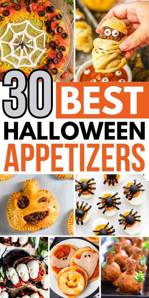 These Halloween appetizers will add some spooky fun to any party. This list of Halloween appetizer ideas includes pumpkin buffalo meatballs, Haloween fruit kabobs, easy Halloween charcuterie boards, spider web taco dip, and so much more!! Your Halloween party needs these yummy finger foods, they'll be a hit with both kids and adults. The best best party snacks are included such as ghost mini pizzas and Halloween party mix. Halloween Appetizer Ideas, Halloween Party Food Recipes, Spider Deviled Eggs, Halloween Party Mix, Halloween Charcuterie Boards, Best Party Snacks, Halloween Dip, Halloween Eats, Halloween Appetizer