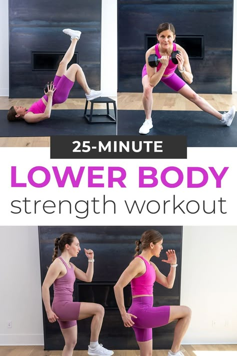 Legs, glutes, quads and hamstrings — target ALL the lower body muscles in this 25-Minute Leg Workout! Each circuit includes a strength exercise, a power exercise and an isometric hold. We'll burn out the legs at home using a set of dumbbells. Leg Day Workout At Home, Dumbbell Leg Workout, Emom Workout, Legs At Home, Leg Day Workout, Nourish Move Love, Home Workout Routine, Dumbbell Workouts, Quads And Hamstrings