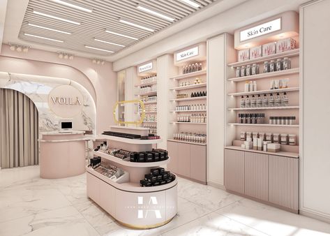 Voila' (Skin Care Boutique in Pink) :: Behance Cosmetic Store Design Ideas, Skin Care Shop Interior Design, Skin Care Store Interior Design, Skin Care Clinic Interior Design, Cosmetic Shop Design Ideas, Cosmetic Store Design, Small Retail Store Design, Modern Boutique Interior, Neoclassic Design