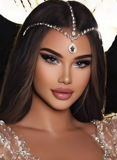 Arabian Headpiece Jewelry, Queen Makeup Royal, Make Up Arabian, Arab Makeup Looks, Arabian Makeup Look, Arabic Makeup Looks, Arabian Eye Makeup, Makeup Arab, Arabic Make-up