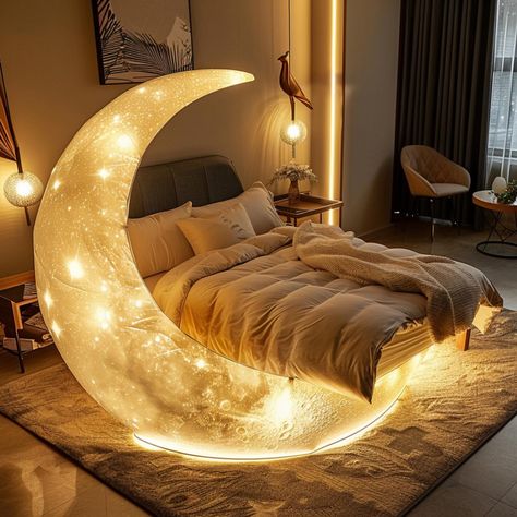 Crescent moon beds, with their elegantly curved designs reminiscent of the gentle arc of a crescent moon, evoke a sense of tranquility and grace in any bedroom. These beds often feature a gracefully curved headboard that mimics the shape of the moon, creating a focal point that is both striking and soothing. The design not only adds a touch of sophistication to the room but also promotes a sense of relaxation, making it an ideal choice for creating a peaceful retreat within the home. Concept... Night Sky Bedroom, Star Room Decor, Sky Bedroom, Celestial Bedroom, Moon Bed, Space Themed Bedroom, Curved Headboard, Black Bedroom, The Milky Way