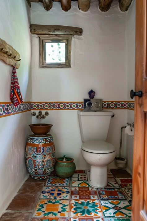 15 Tips to Achieve the Perfect Mexican Farmhouse Decor – Everyday Inspo Bathroom Mexican Tiles, Mexican Tile Furniture, New Mexican Interior Design, Mexican Tile Bathroom Ideas, Hacienda Style Room, Mexican Inspired Bathroom, Mexican Bathroom Decor, Spanish Interior Design Bedroom, Spanish Bathroom Decor